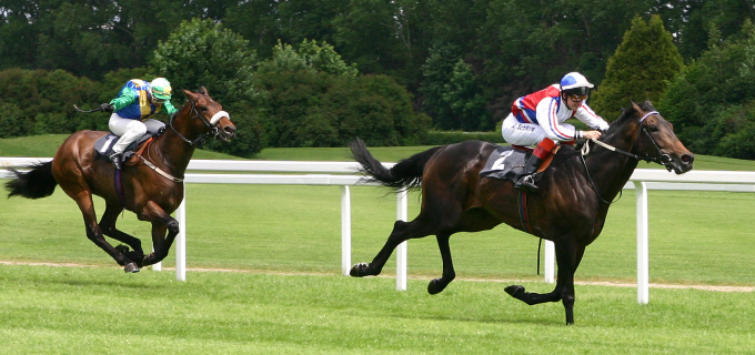 two horses racing with jockeys